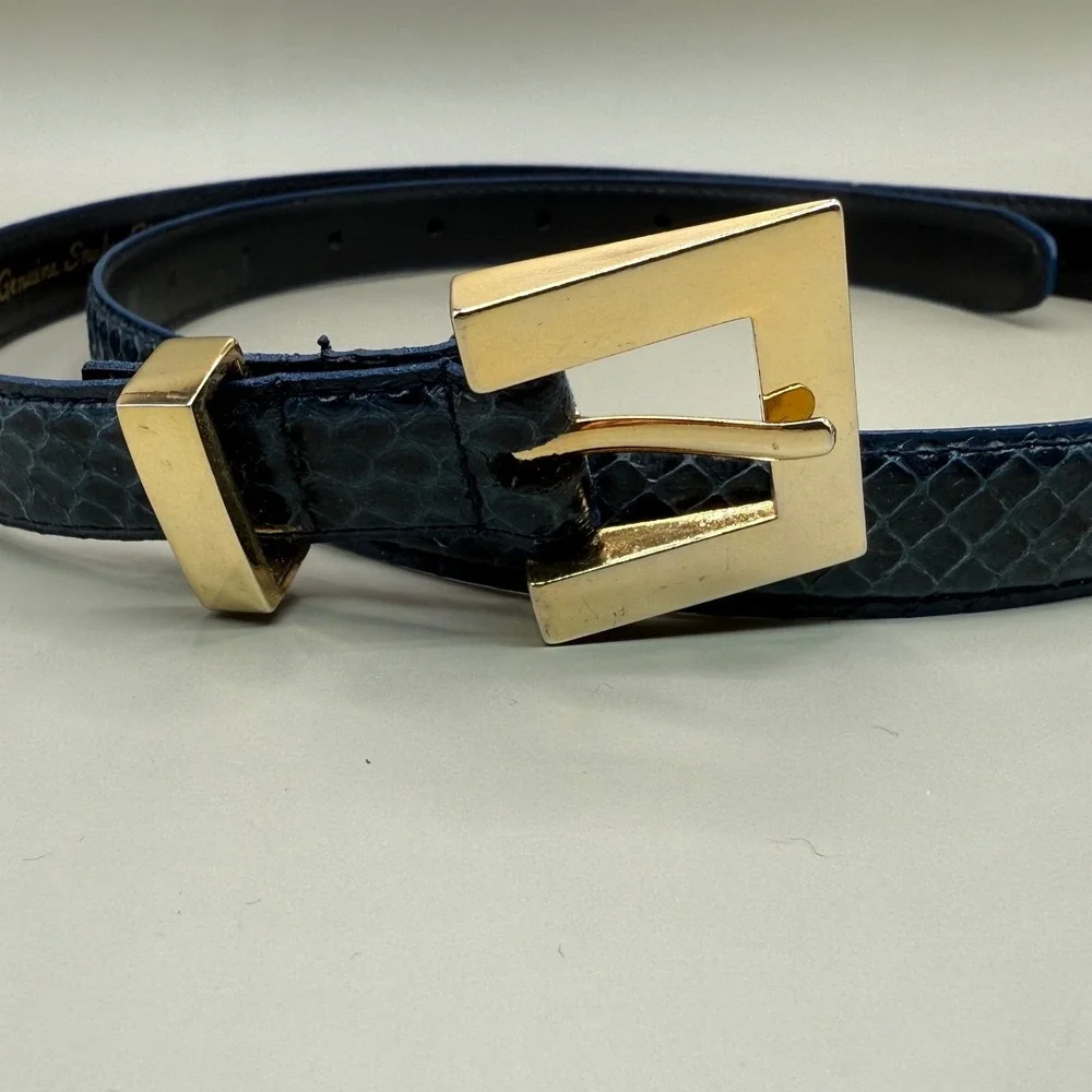 Vintage SHEKA by Faco Blue Genuine Snakeskin Belt Gold Buckle Made in Taiwan‎ 2X